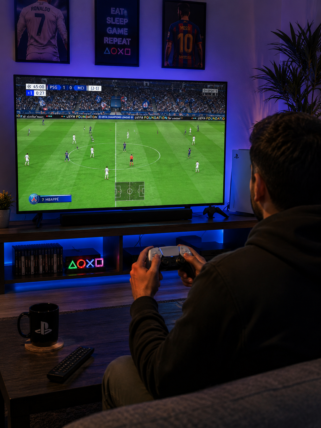 PC and console game development — living room gaming setup with controller