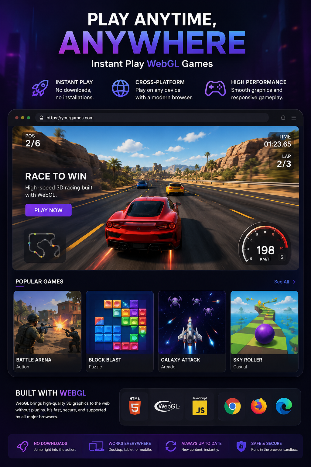 Browser and WebGL game development — instant-play web games interface